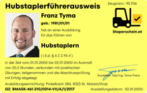 Staplerkursschein vom Technischen Büro Tyma